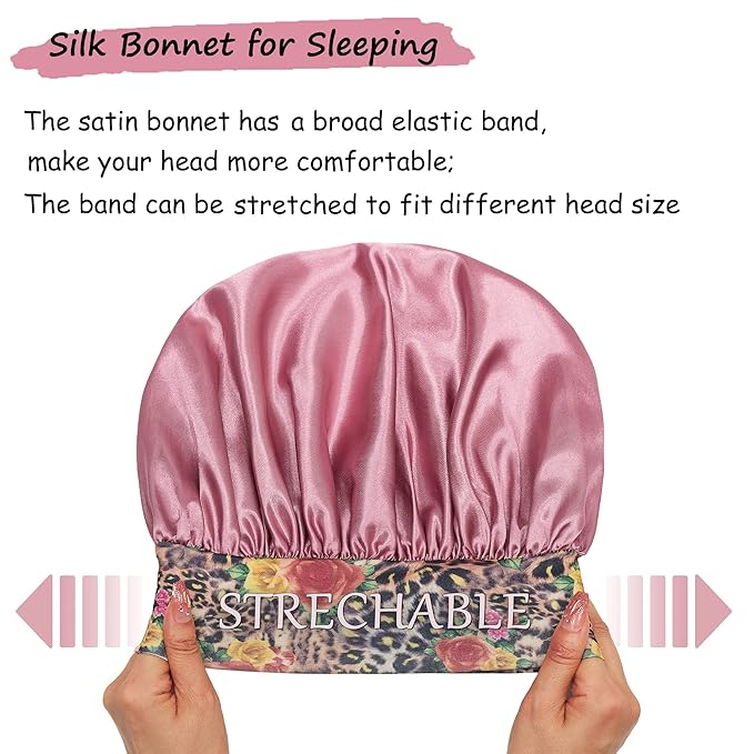 3 Pack Satin Bonnet Silk Hair Bonnet for Sleeping, Sleep Bonnets for Women Large Wide Soft Band Sleep Cap for Curly Hair Braids