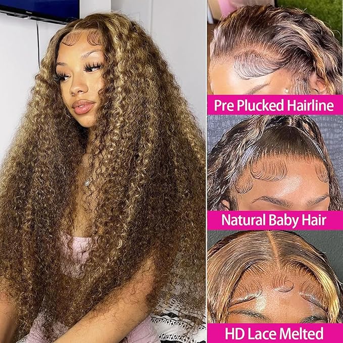 Highlight Deep Wave Lace Front Wigs Human Hair P4/27 Ombre 13x6 Wet and Wavy Frontal Wigs for Women Glueless Honey Blonde Curly Wigs Pre Plucked with Baby Hair Honey Blonde Wig 24 Inch