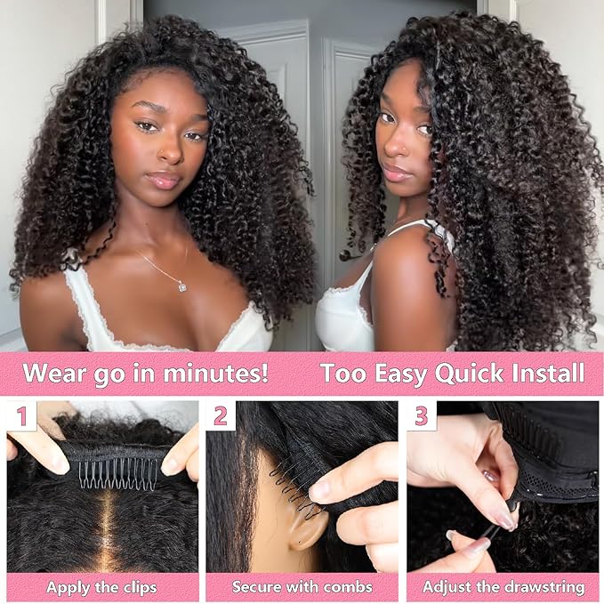 Half Wig Human Hair Water Wave Human Hair 26 Inch Drawstring Seamless Flip Over Wig 200% Density Wet and Wavy Wear Go Glueless Wigs 3 In 1 Half Wigs for Black Women Beginner Friendly