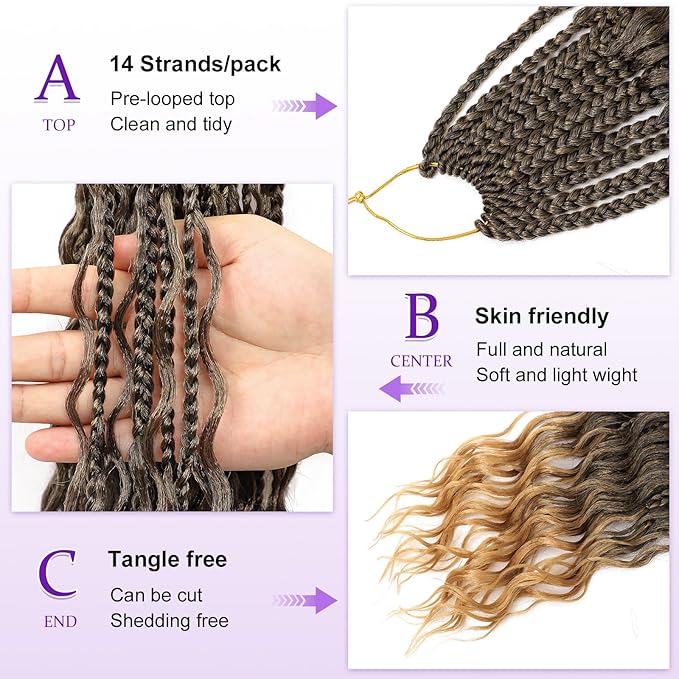 Eacia Goddess Box Braids Crochet Hair 24 Inch 7 Packs Boho Box Braids with Curly Ends Pre Looped Goddess Crochet Hair Extensions for Women (24 Inch, T1B/27#)