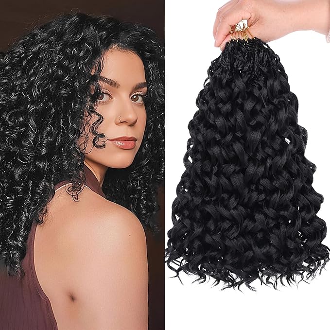 12 Inch Gogo Curl Crochet Hair Natural Black Ocean Wave Crochet Hair Deep Twist 8 Packs Pre-looped Goddess Box Braids Short Curly Water Wave Synthetic Braiding Hair for Women (16Strands/pack 1B#)