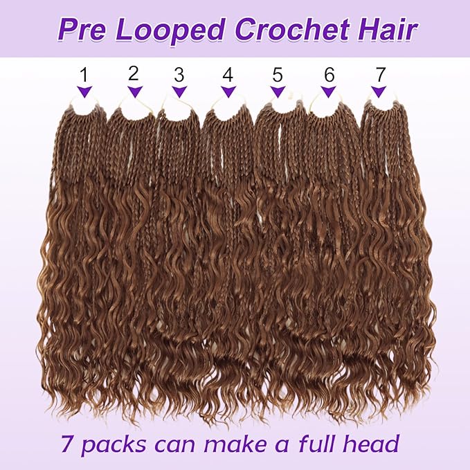 Eacia Goddess Box Braids Crochet Hair 24 Inch 7 Packs Pre Looped Boho Box Braids With Curly Ends Bohomian Curly Crochet Hair Extensions for Women(24 Inch, 30#)