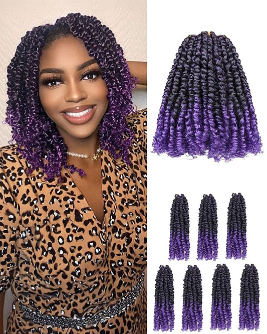 Passion Twist Crochet Hair for Black Women and Kids-10 Inch 7 Packs Pre Looped Pretwisted Ombre Purple Crochet Hair,Soft Hair Extensions Braided by Spring Kinky Twist Bohemian Curl(T1B/Purple)