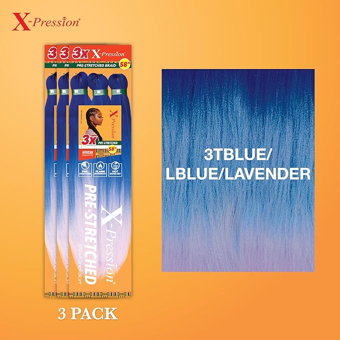 Sensationnel X-pression prestretched braiding hair - 3x braid 58 inch all kanekalon flame retardant synthetic braid for box braids and twists (3 pack, 3TBLUE/LBLUE/LAVENDER)