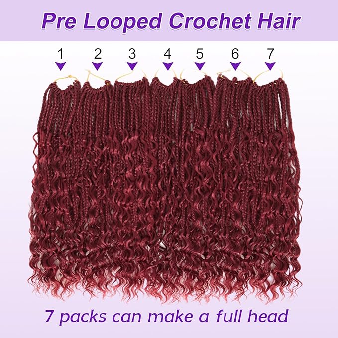 Eacia Goddess Box Braids Crochet Hair 14 Inch 7 Packs Burgundy Boho Box Braids with Curly Ends Pre looped Crochet Hair for Women(14 Inch, Burgundy#)