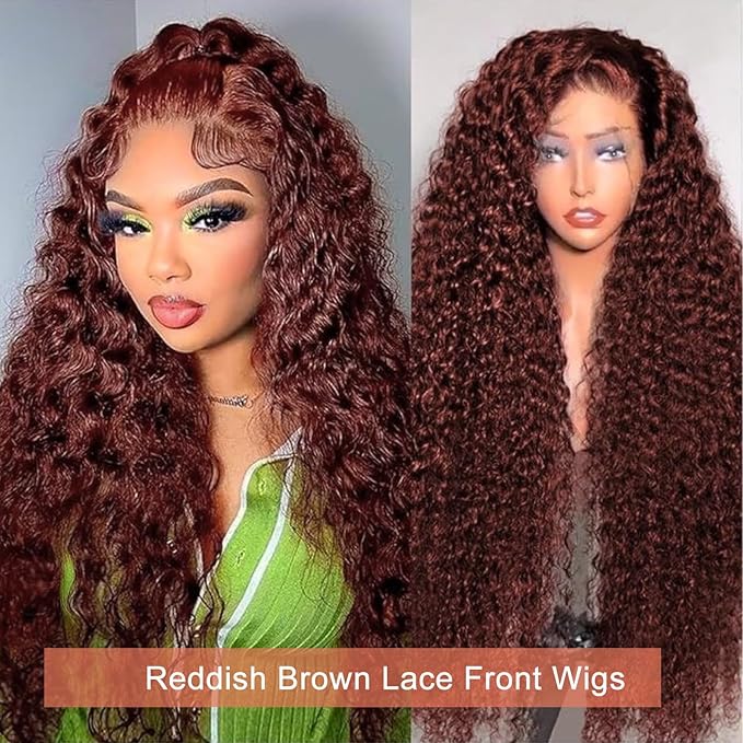 MEGOOD 200 Density 13x6 Deep Wave Reddish Brown Lace Front Wigs Human Hair Reddish Brown Curly Human Hair Wig 33# 13x6 HD Lace Frontal Wigs Human Hair Pre Plucked For Women Brown Wig 18 Inch
