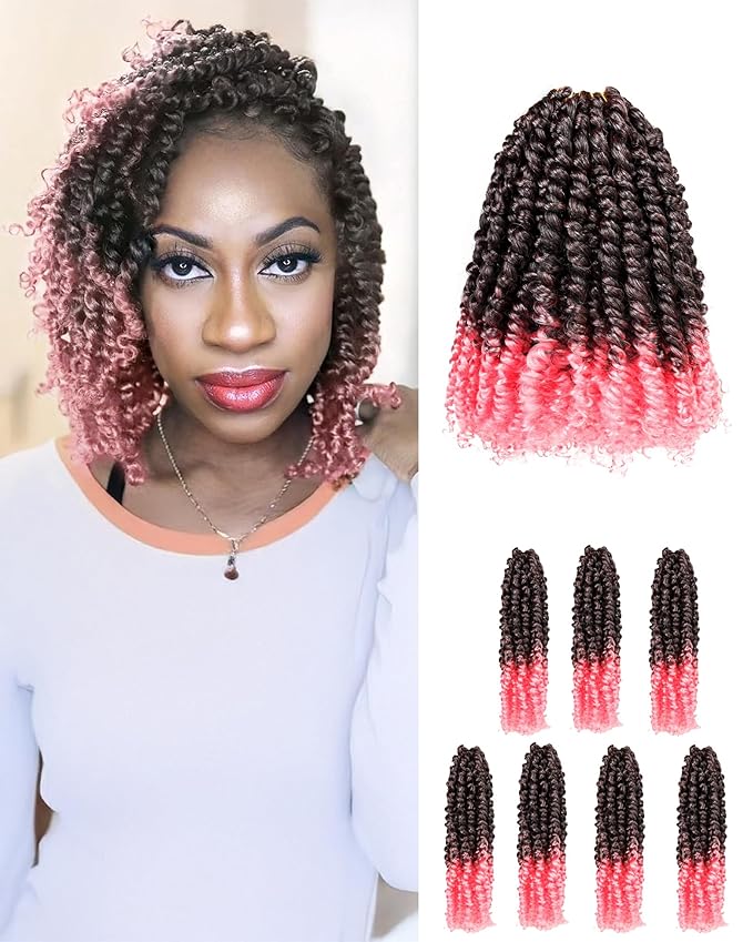 Pre-Twisted Passion Twist Crochet Hair for Black Women Passion Twist Hair Pre Looped Bohemian Braids 10 Inch 7 Packs Ombre Pink Short Bob Curly Braiding Hair Extensions(10"-7P,T1B/Pink)