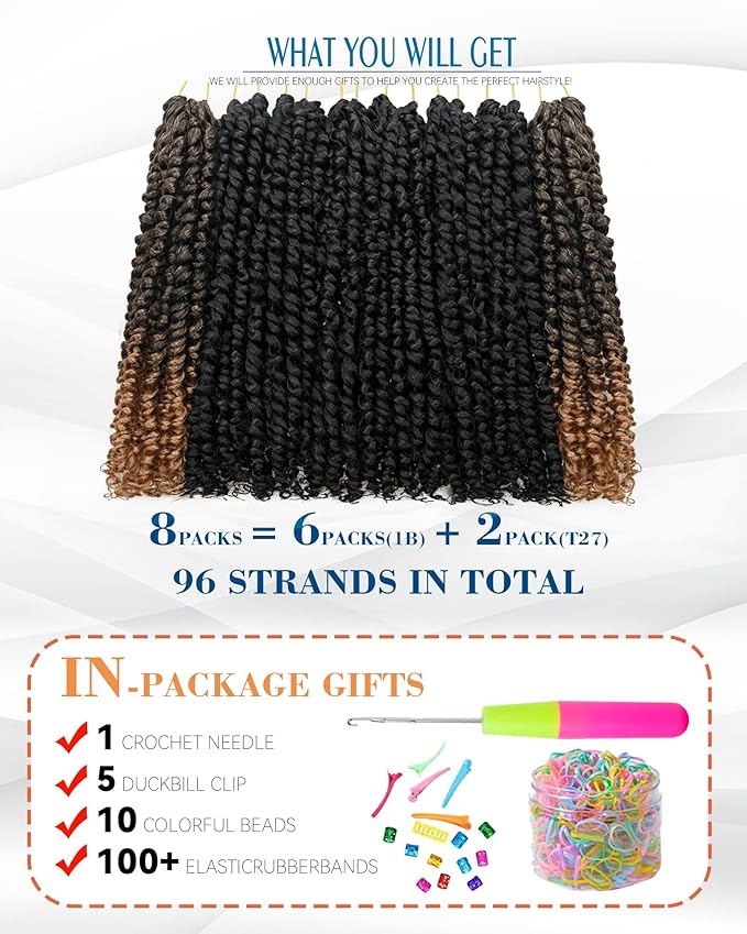 14 Inches 8 Packs Passion Twist Crochet Hair-Mixed Color Combo Pack(6 packs 1B+2 packs T1B/27),Pre-twisted Pre Looped Super Soft & Bouncy Synthetic Hair Extensions For Black Women(14"-8 Packs,1B+T27)