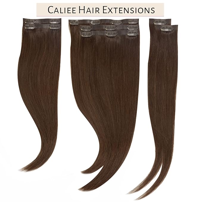 Caliee Seamless Hair Extensions Clip in Human Hair 110G Clip on for Fine Hair Real Hair Extensions 7Pcs Full Head Virgin Hair Chocolate Brown Color Invisible PU Skin Weft Clip in Remy Human Hair Extensions for Women 22Inch