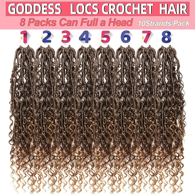Goddess Locs Crochet Hair-18 Inch 8 Packs Boho Faux Locs Crochet Hair for Black Women Pre Looped Soft Locs with Curly Ends (T27, 18 Inch(Pack of 8))