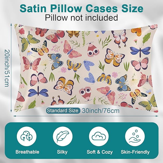 1 Pack Satin Pillowcase Vintage Butterfly Similar to Silk Pillow Cases, Soft Smooth Breathable Cool Pillow Cases for Hair and Skin, with Hidden Zipper, Queen Size Room Decor Essentials 20" x 30"
