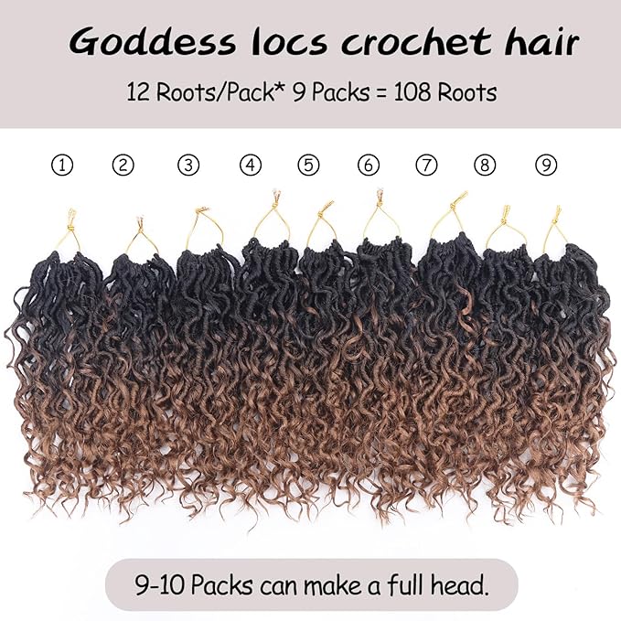 Goddess Locs Crochet Hair,8 Inch 9 Packs Faux Locs Synthetic Crochet Hair for Black Women, Boho Style Pre looped crochet with Curly Ends