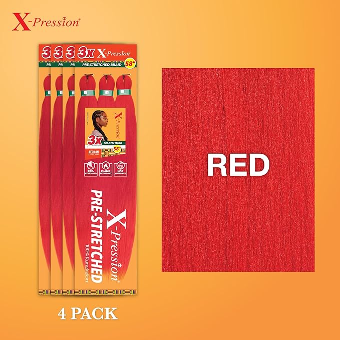 Sensationnel X-pression prestretched braiding hair - 3x braid 58 inch all kanekalon flame retardant synthetic braid for box braids and twists (4 pack, RED)