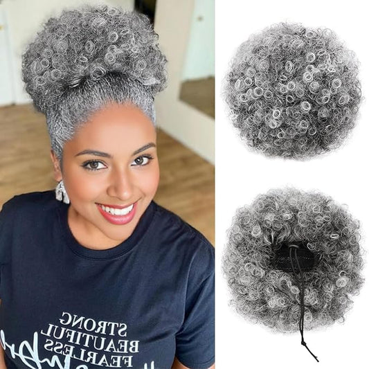 AISI QUEENS Afro Puff Drawstring Ponytail Extension for Black Women, Ombre Gray Faux Buns Short Kinky Curly Hair Ponytail Hair Extension Updo Wrap Fiber Wig(Tgray#)