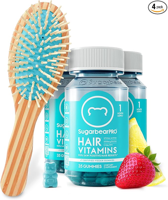Sugarbear Gentle Detangling Bamboo Hair Brush + Vegan Hair Vitamin Gummies 3 Month Supply, Extra Strength Biotin 6000mcg for Supporting Healthy Straight, Wavy, Curly & Kinky Hair