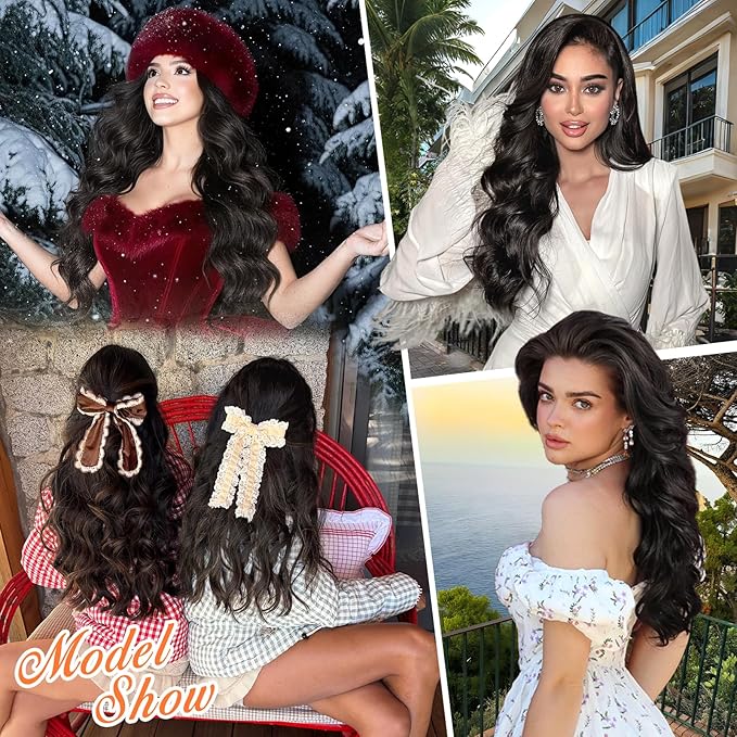 ALXNAN Clip in Long Wavy Synthetic Hair Extension 24 Inch Black Brown 4PCS Thick Hairpieces Fiber Double Weft Hair for Women