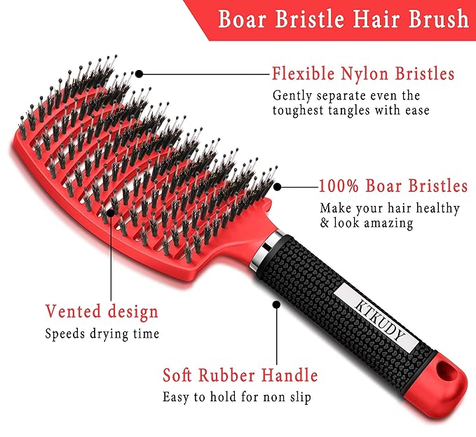 KTKUDY Detangling Brush Boar Bristles Hair Brush Make Hair Shiny & Healthier Curved and Vented Detangler Brush for Women Men Kids Wet and Dry Hair (Red)
