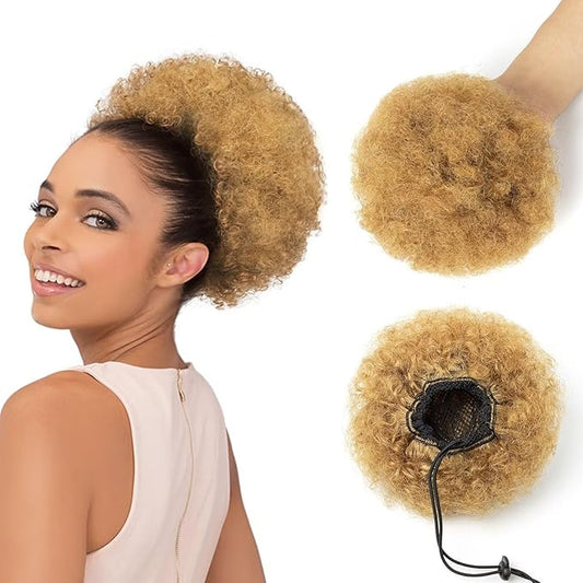 Afro Puff Clip On Human hair Drawstring Ponytail for Black Women,Short Afro Kinkys Curly Afro Bun Extension Hairpiece Ponytail Extension 8 Inch #27 Honey Blonde 60g