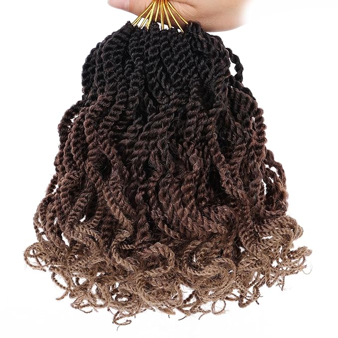 Leeven 6 Inch Short Senegalese Twist Crochet Hair with Curly Ends 8 Packs Ombre Brown to Blonde Pre Looped Small Wavy Hanava Twist 3 Tone Synthetic Crochet Braids for Women Girl Kids