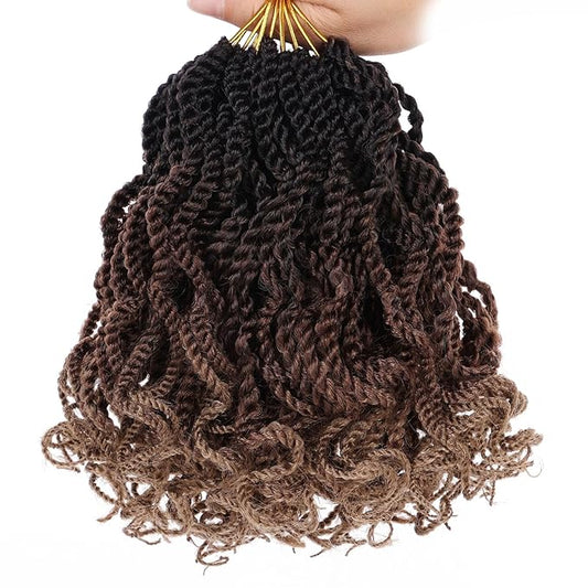 Leeven 6 Inch Short Senegalese Twist Crochet Hair with Curly Ends 8 Packs Ombre Brown to Blonde Pre Looped Small Wavy Hanava Twist 3 Tone Synthetic Crochet Braids for Women Girl Kids