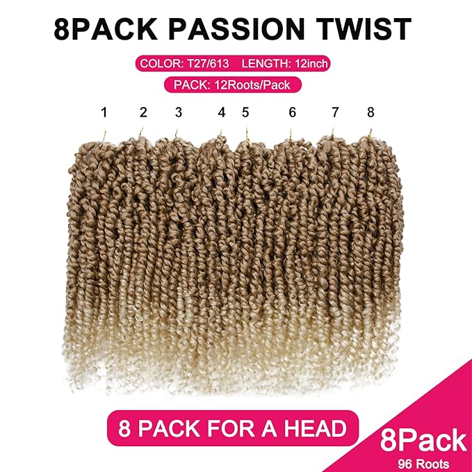 Passion Twist Hair - 8 Packs 12 Inch Passion Twist Crochet Hair For Women, Crochet Pretwisted Curly Hair Passion Twists Synthetic Braiding Hair Extensions (12 Inch 8 Packs, T27/613)