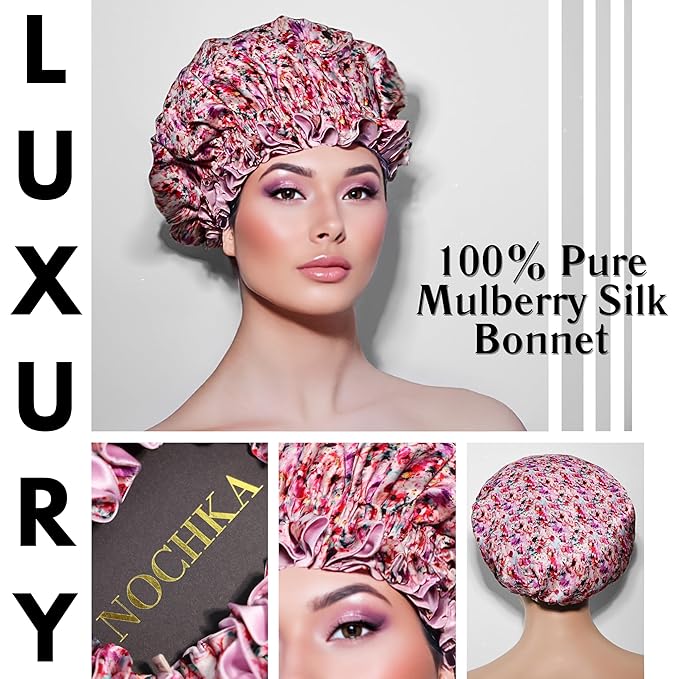 100% Mulberry Silk Bonnet for Women – Handmade in USA, 19 Momme Double-Layer Reversible Hair Wrap, Non-Slip Sleep Cap for Curly & Natural Hair, Luxury Hair Protection (Magical Floral Print)