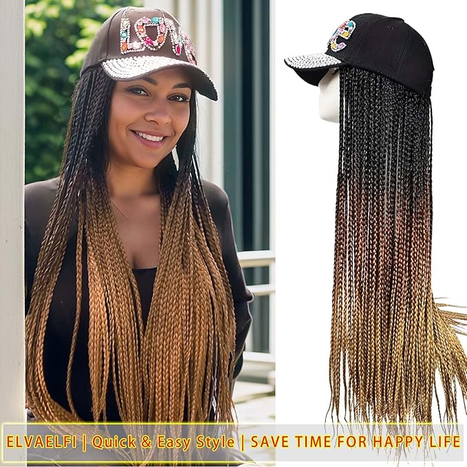 24" Box Braid Hair Extensions 100 Strands Gradient Brown, Rhinestone 'LOVE' Cap Wig for Women Girls Easy Style