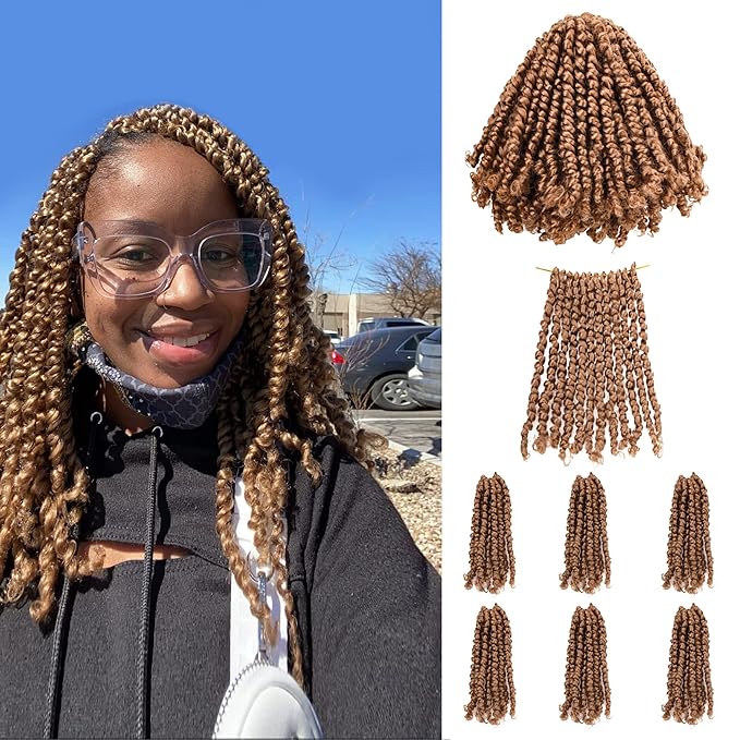 10 Inches 7 Packs Pre Looped Pretwisted Passion Twist Crochet Hair for Black Women and Kids-Natural Blonde,Soft Hair Extensions Braided by Synthetic Spring Kinky Twist Bohemian Curl(10"-7 Packs,27#)
