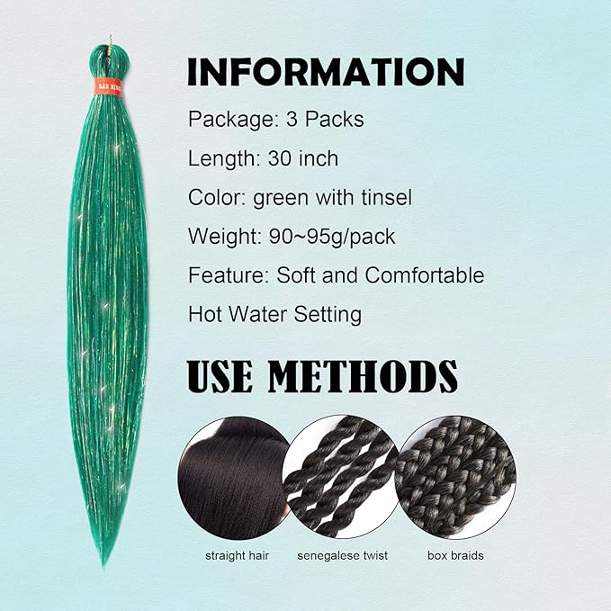 Sparkling Green Pre Stretched Braiding Hair 30 Inch Glitter Box Braid Hair Extensions Shinny 3 Packs Yaki Texture Pre Feathered Festival Braids Hair