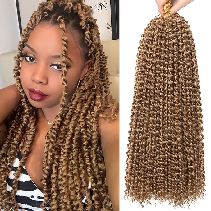 Passion Twist Hair,18 Inch Passion Twist Crochet Hair for Women 6 Packs Ombre Blonde Water Wave Crochet Hair Long Bohemian Synthetic Curly Braiding Hair Extensions(6pcs,#27)