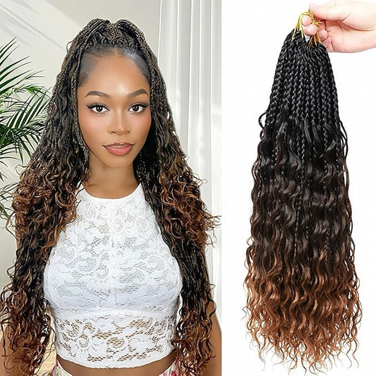Eacia Goddess Box Braids Crochet Hair 18 Inch 7 Packs Pre Looped Goddess Box Braid Crochet Hair Extensions with Curly Ends Boho Braids for Women(18 Inch, T1B/4/30#)