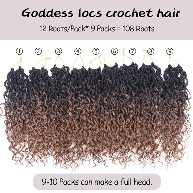 Goddess Locs Crochet Hair 12 Inch 9 Packs Synthetic Faux Locs Crochet Hair for Black Women, River Locs Hair Extensions Style Pre looped Crochet with Curly Ends