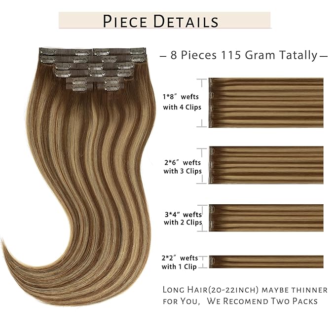 Caliee 22 Inch Hair Extensions Clip in Human Hair R4-4/27 Chocolate Brown to Caramel Blonde Seamless Clip in Hair Extensions Real Human Hair 8 Pcs 115 G Thickened Soft Natural Long Straight