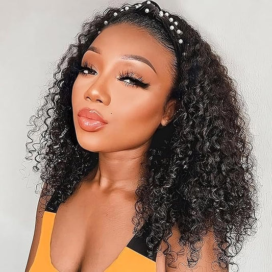 AISI QUEENS Headband Wig Human Hair For Black Women Curly Wigs Glueless Human Hair Short Curly Headband Wigs (18 Inch, Curly Headband Wigs)
