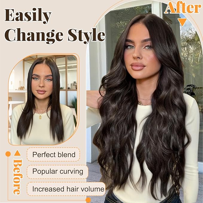 ALXNAN Clip in Long Wavy Synthetic Hair Extension 20 Inch Dark Brown 4PCS Thick Hairpieces Fiber Double Weft Hair for Women