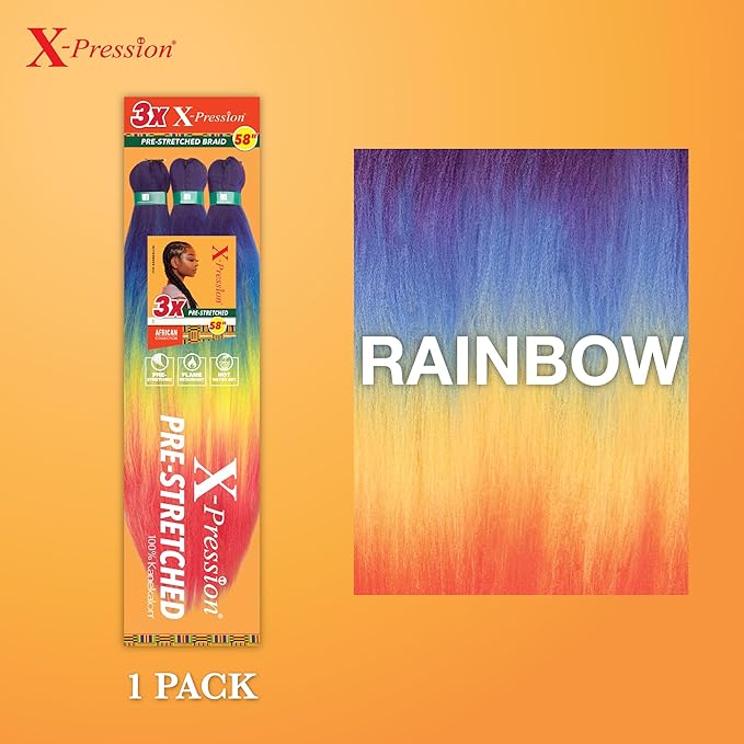 Sensationnel X-pression prestretched braiding hair - 3x braid 58 inch all kanekalon flame retardant synthetic braid for box braids and twists (1 pack, RAINBOW)