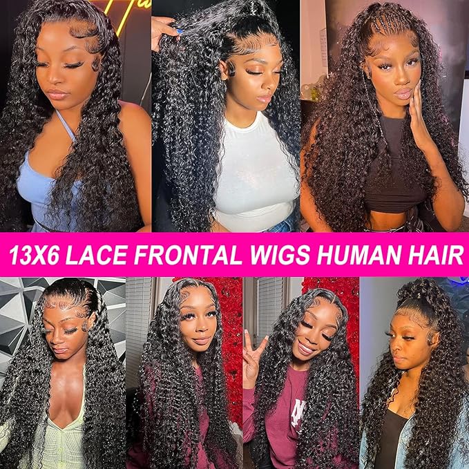 Hswpawk 13x6 Deep Wave Lace Front Wig Human Hair HD Transparent Pre Plucked 180% Density Glueless With Baby Hair Natural Hairline Deep Curly 32 Inch