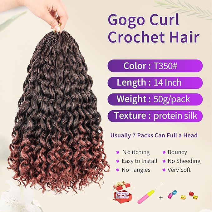Gogo Curl Crochet Hair Pure Protein Fiber Close to Human Hair 7 Packs Pre looped Water Wave Crochet Hair Deep Twist Synthetic Braiding Hair for Women (T350, 14Inch)