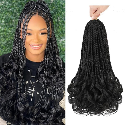 French Curl Crochet Braids 14 Inch Goddess Box Braids Crochet Hair for Women 8 Packs Pre Looped Crochet Box Braid with Curly Ends Synthetic French Curly Braiding Hair Extensions (1B#)