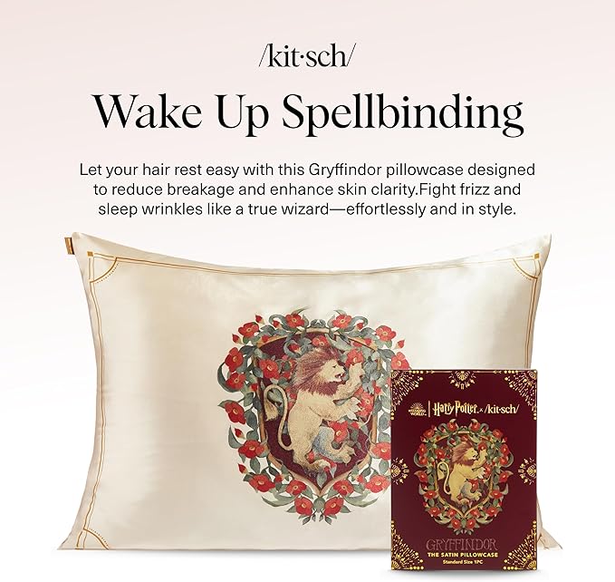 Kitsch x Harry Potter Gryffindor Satin Pillowcase with Zipper – Double-Sided Crest Design – Better Than Silk Pillowcase – Perfect for Kids Rooms & Toddler Bed Time Pillow Case –Queen/Standard 19x26
