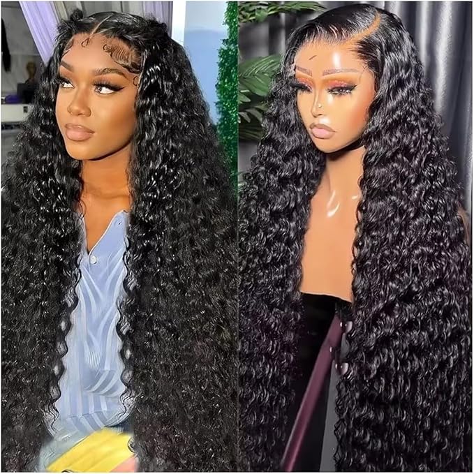 Deep Wave Lace Front Wigs Human Hair 13x6 HD Transparent Lace Front Wigs Human Hair 250% Density Deep Curly Human Hair Wig Pre Plucked Deep Wave Frontal Wigs Natural Color 24 Inch