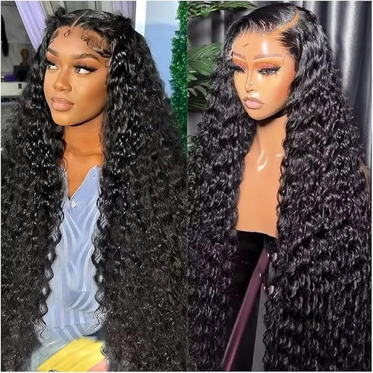 Deep Wave Lace Front Wigs Human Hair 13x6 HD Transparent Lace Front Wigs Human Hair 250% Density Deep Curly Human Hair Wig Pre Plucked Deep Wave Frontal Wigs Natural Color 24 Inch