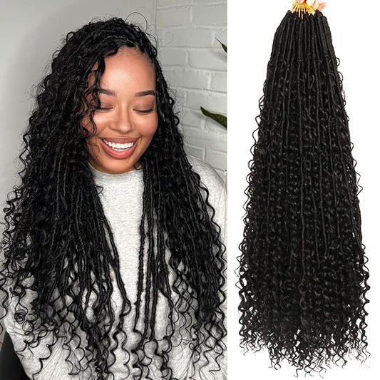 Goddess Locs Crochet Hair-30 Inch 8 Packs Boho Faux Locs Crochet Hair for Black Women Pre Looped Soft Locs with Curly Ends (1B#, 30 Inch(Pack of 8))