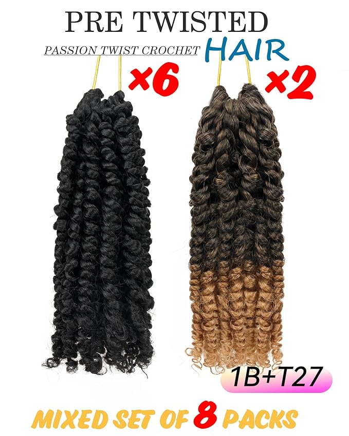 Passion Twist 8 Inch Crochet Hair-Mixed Color Combo (6+2 Packs 1B+T27), Pre-twisted, Pre-looped Soft & Bouncy Synthetic Braided Hair Extensions For Black Women