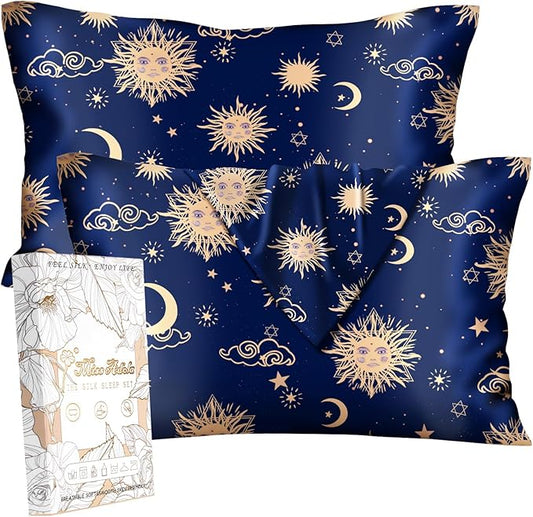 Silk Pillowcase 2 Pack - Pillow Cases 20" x 30" Queen Size Set of 2 for Hair and Skin Smooth Soft Breathable with Hidden Zipper Cooling Pillow Covers for Sleeping,Sun Moon Sign