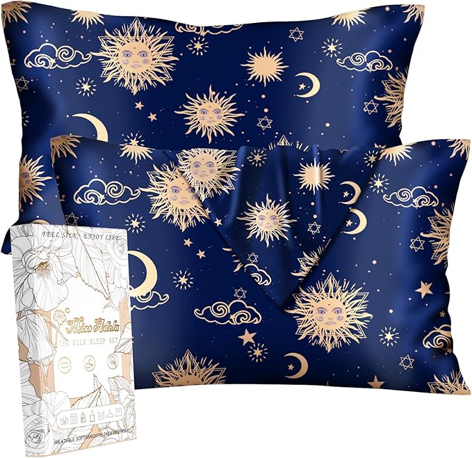 Silk Pillowcase 2 Pack - Cute Pillow Cases 20" x 26" Standard Size Set of 2 for Hair and Skin Smooth Soft Breathable with Hidden Zipper Cooling Pillow Covers for Sleeping, Sun Moon Sign