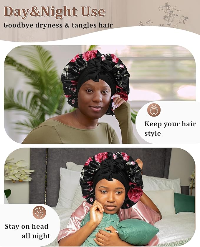 Reversible Satin Bonnet for Sleeping Women Double Layer Hair Bonnet with 2PCS Hair Scrunchies Elastic Tie Band Night Cap