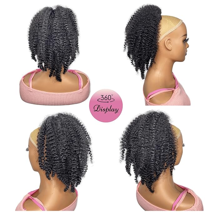 12inch Short Marley Hair Drawstring Ponytail Brown Black 4C Afro Puff Bun Braiding Hair Ponytail Synthetic Afro Kinky Curl Pony Tail Hair Piece for Black Women - 2#