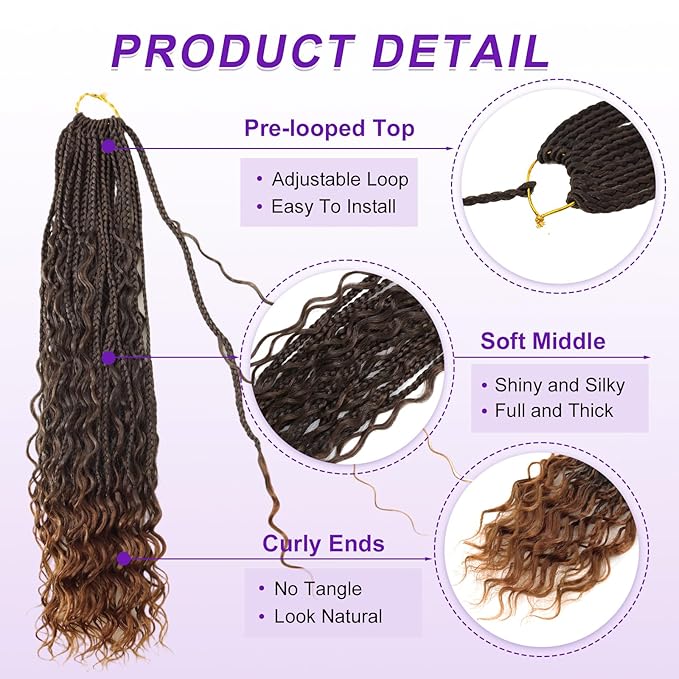 Eacia Goddess Box Braids Crochet Hair 24 Inch 7 Packs Pre Looped Boho Braids Crochet Hair Extensions with Curly Ends(24 Inch, T1B/30#)