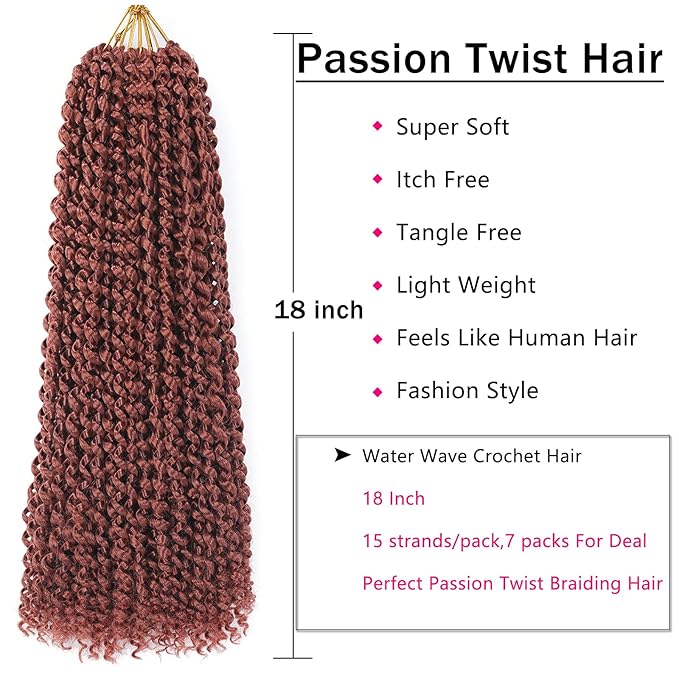 350# Color Passion Twist Hair 18 Inch 7 Packs Passion Twist Braiding Hair Water Wave Crochet Hair For Black Women Passion Twist Crochet Hair/Butterfly Locs/Spring Twist Crochet Braids(18in,350)